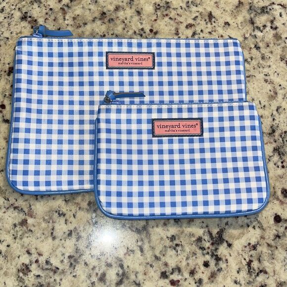 Vineyard Vines Set of 2 Womens‎ Gingham Square Pouch Handbags Blue White - Picture 1 of 7